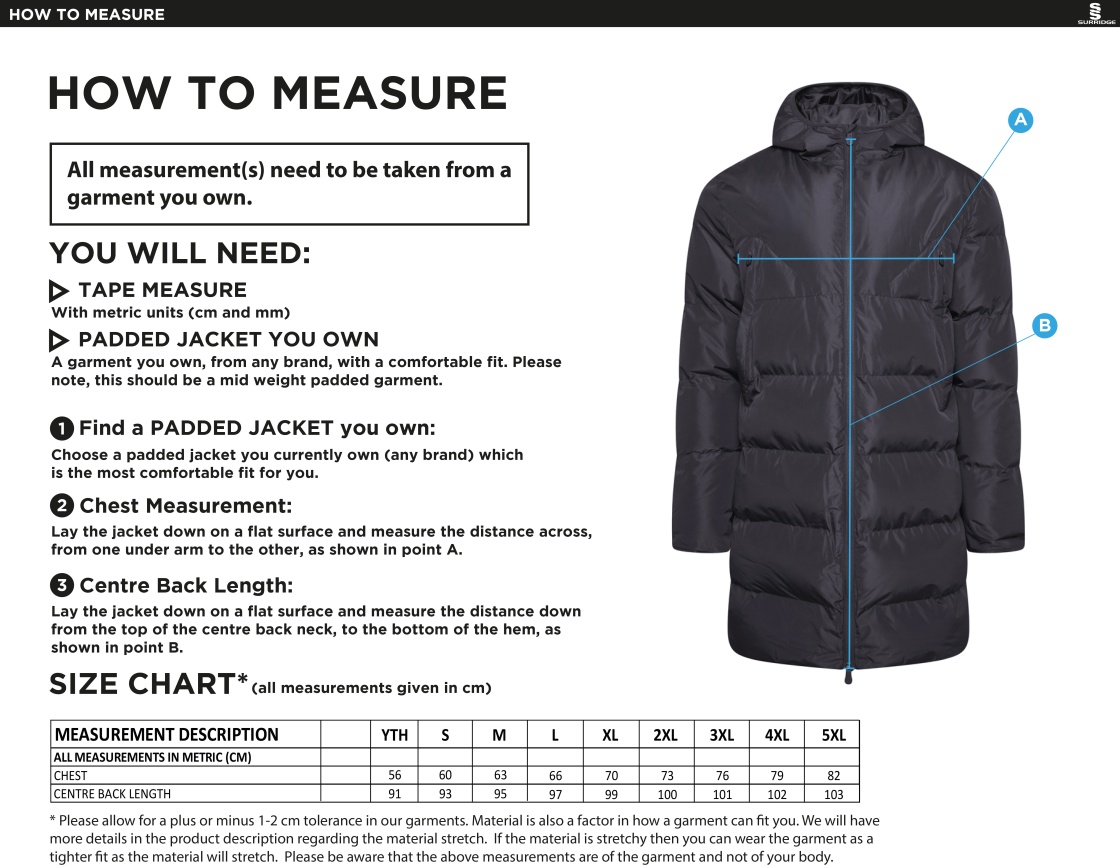 Rossendale Valley JFC - Active Long Padded Jacket - Black - Size Guide