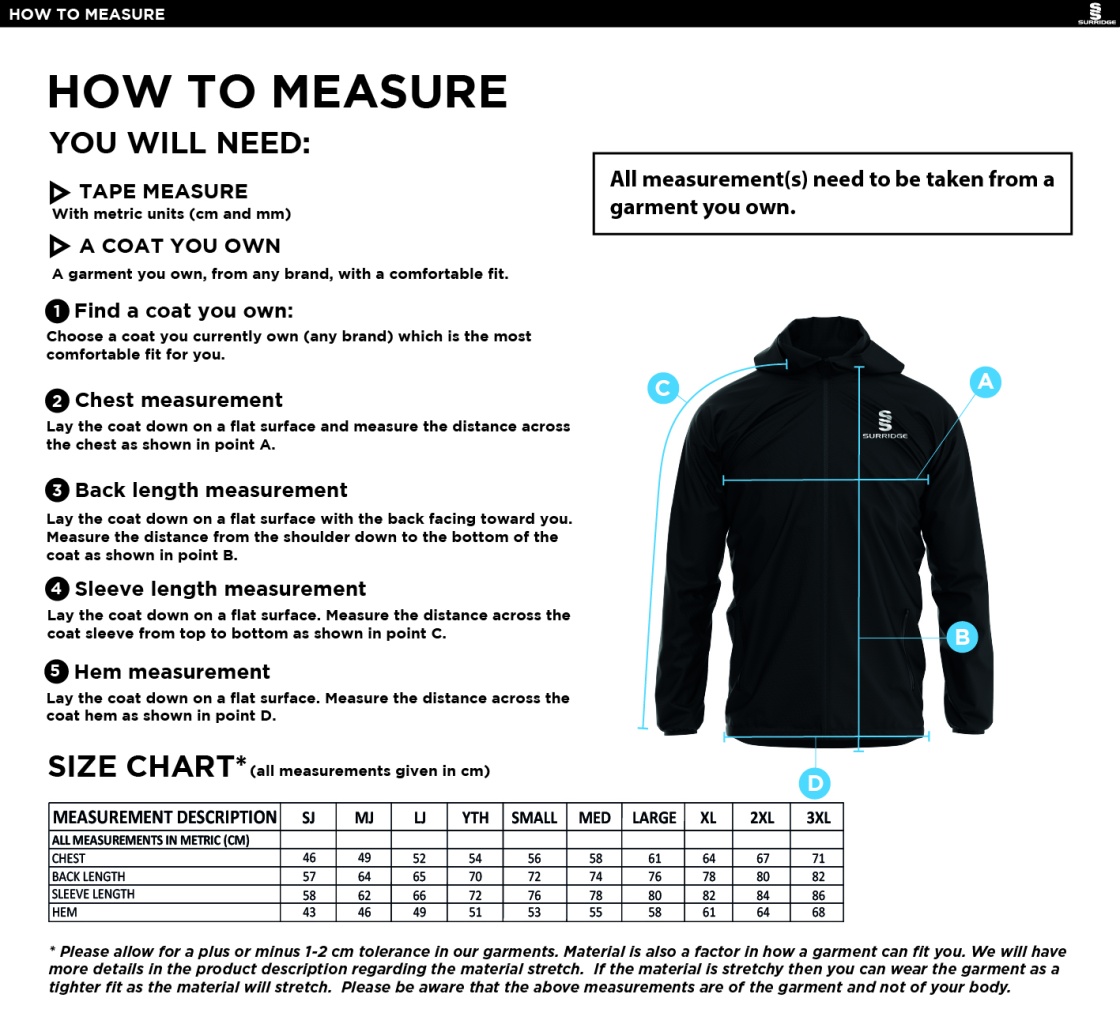 Rossendale Valley JFC - Dual Elite 1/4 Zip Hoody / Rain Jacket - Size Guide