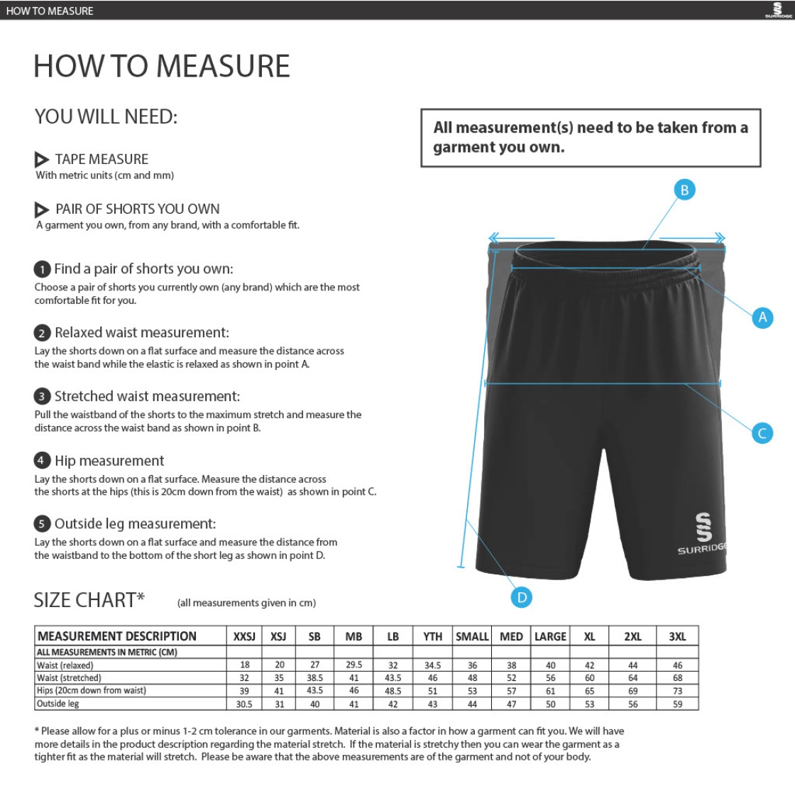 Rossendale Valley JFC - Fuse Shorts - Black - Size Guide