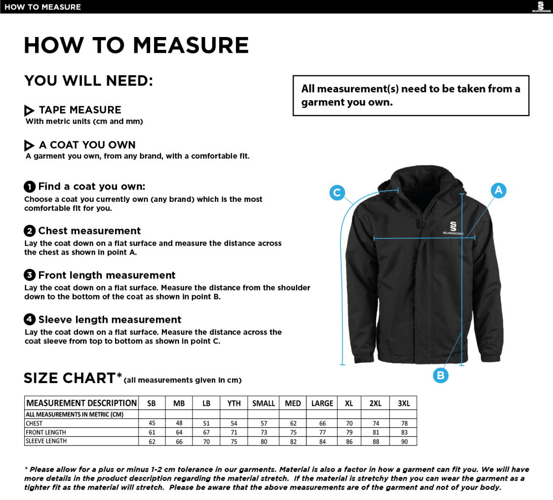 ROSSENDALE VALLEY JUNIORS FOOTBALL CLUB FLEECED LINE JACKET - Size Guide