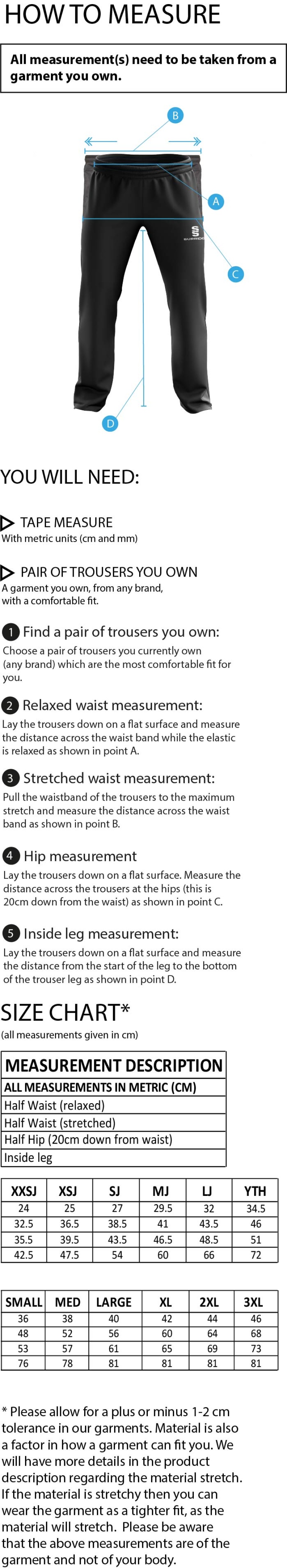 Rossendale Valley JFC - Dual Poplin Track Pant with Lycra - Size Guide