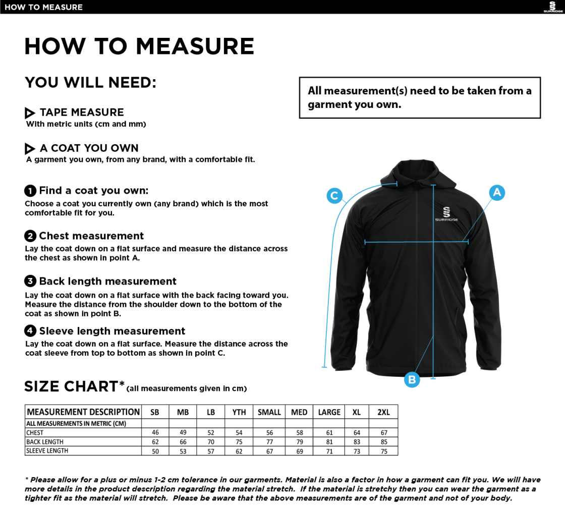 Rossendale Valley JFC - Dual Elite 1/4 Zip Hoody / Rain Jacket - Size Guide