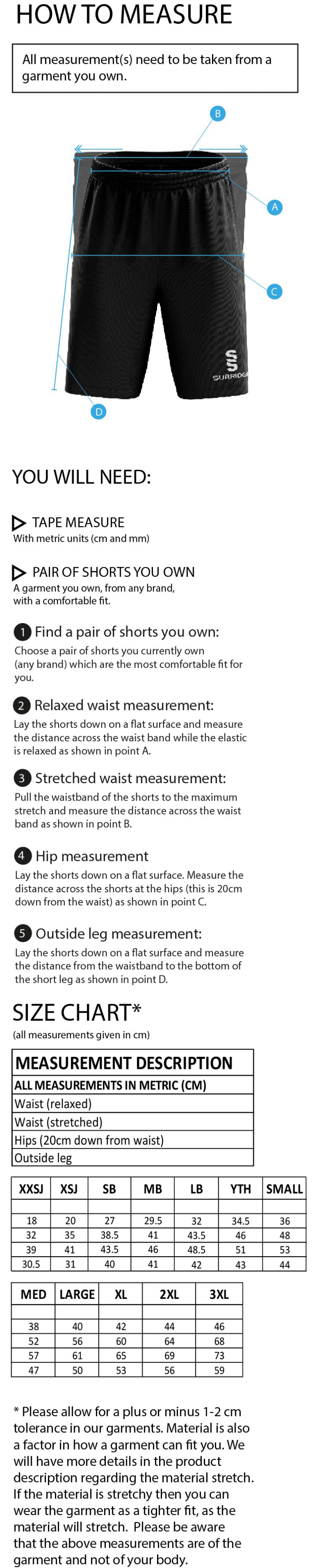 Rossendale Valley JFC - Fuse Shorts - Black - Size Guide