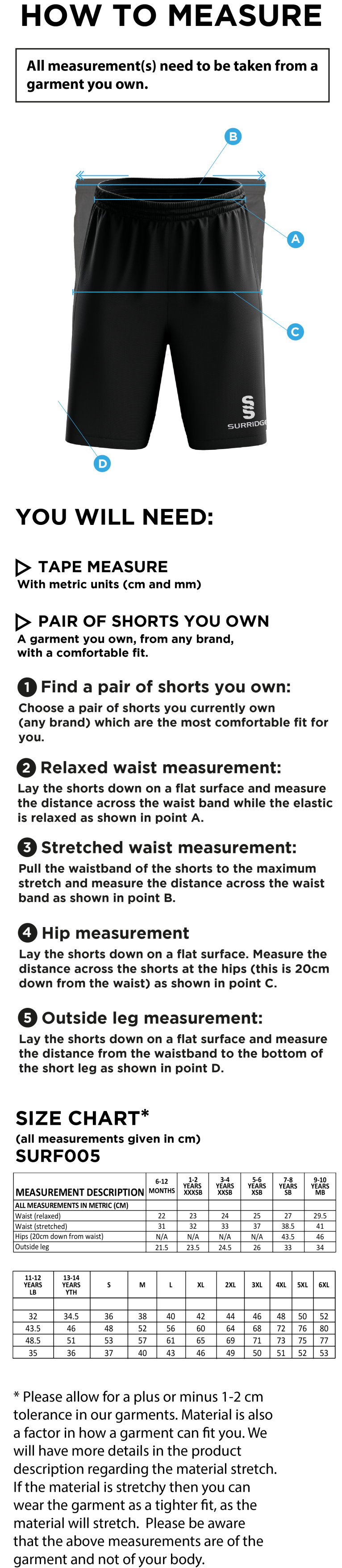 Rossdendale Valley Juniors - Plain Match Short Royal - Size Guide