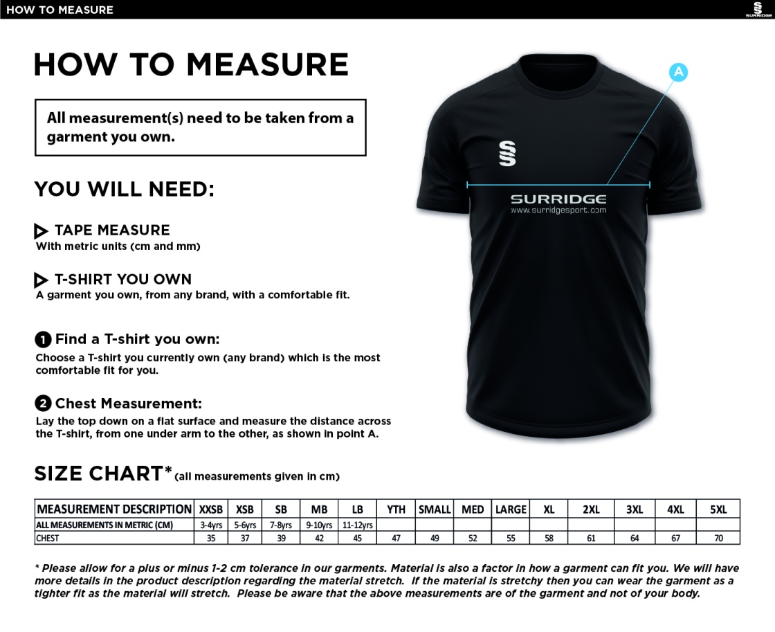 Rossendale Valley JFC - Dual Solid Polo Shirt - Black - Size Guide