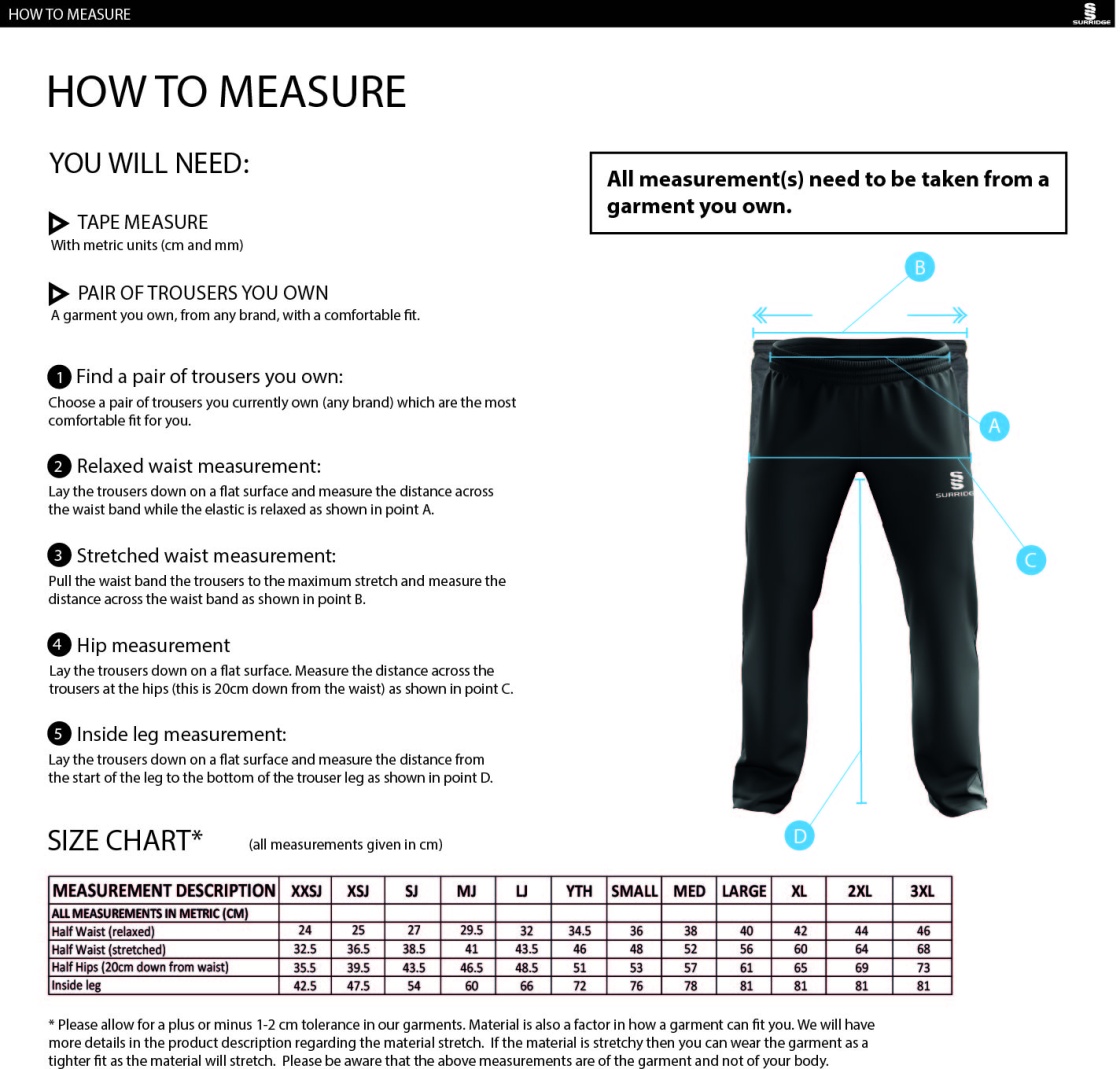 Rossendale Valley JFC - Dual Poplin Track Pant with Lycra - Size Guide