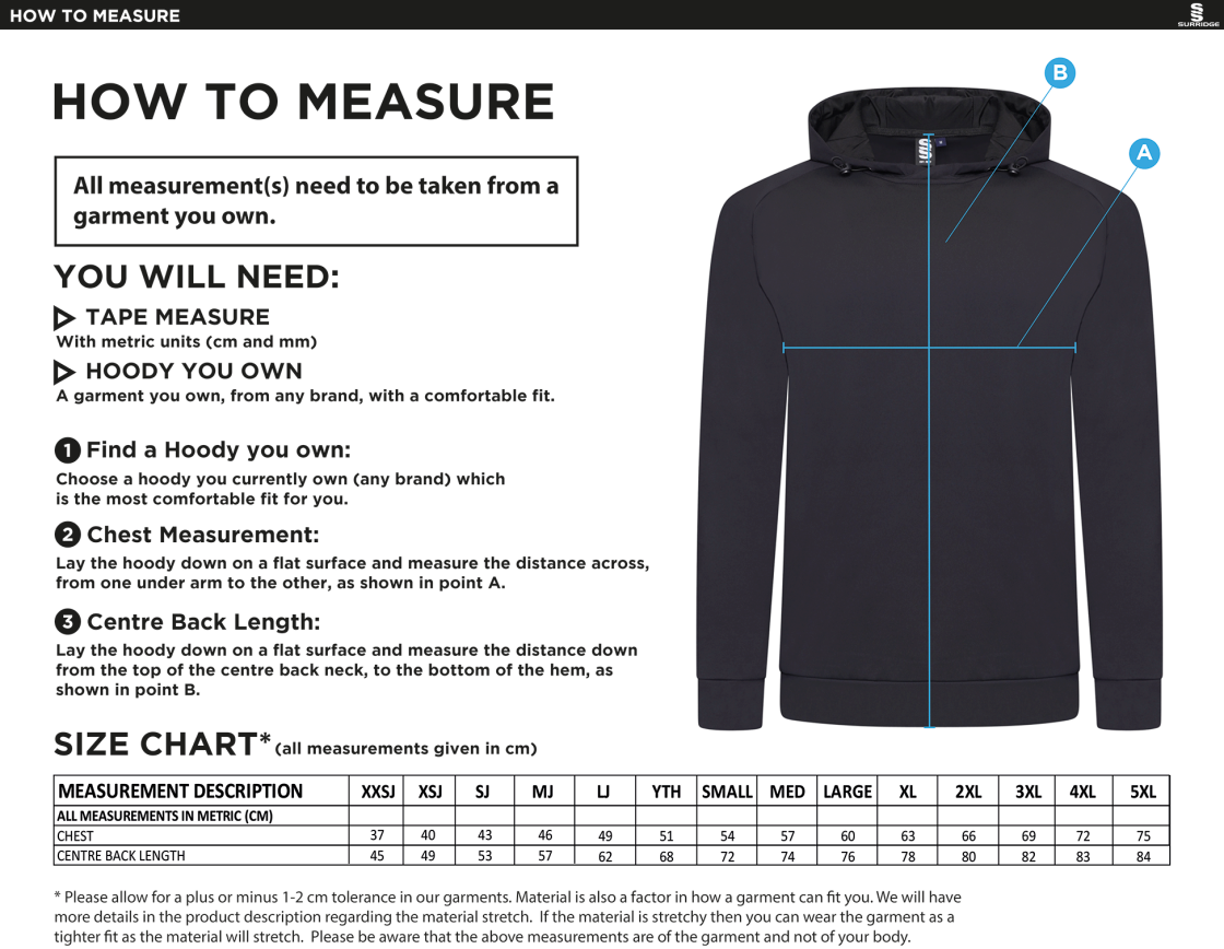 Rossendale Valley JFC - Active Hoody - Black - Size Guide
