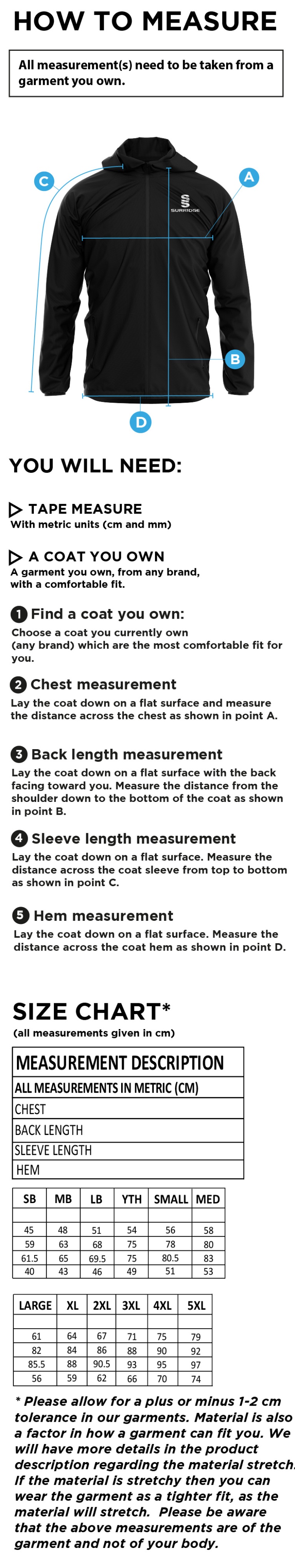 Rossendale Valley JFC - Lightweight Full Zip Training Jacket - Size Guide