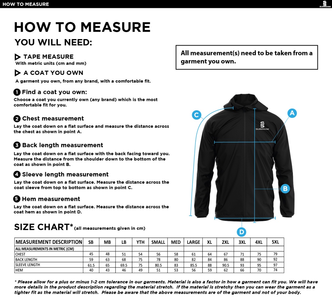 Rossendale Valley JFC - Lightweight Full Zip Training Jacket - Size Guide