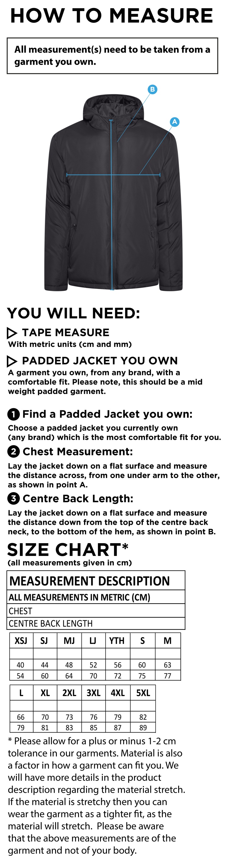 Rossendale Valley JFC - Active Padded Jacket - Black - Size Guide