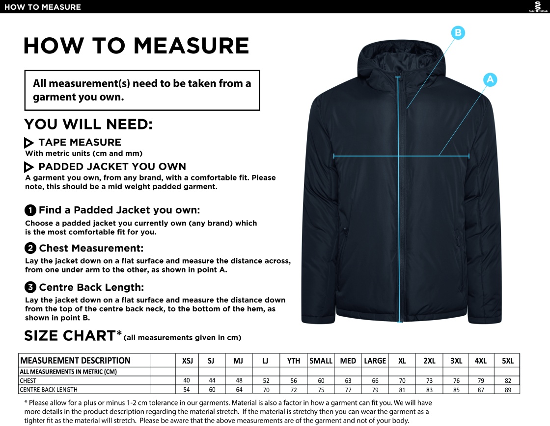 Rossendale Valley JFC - Active Padded Jacket - Black - Size Guide