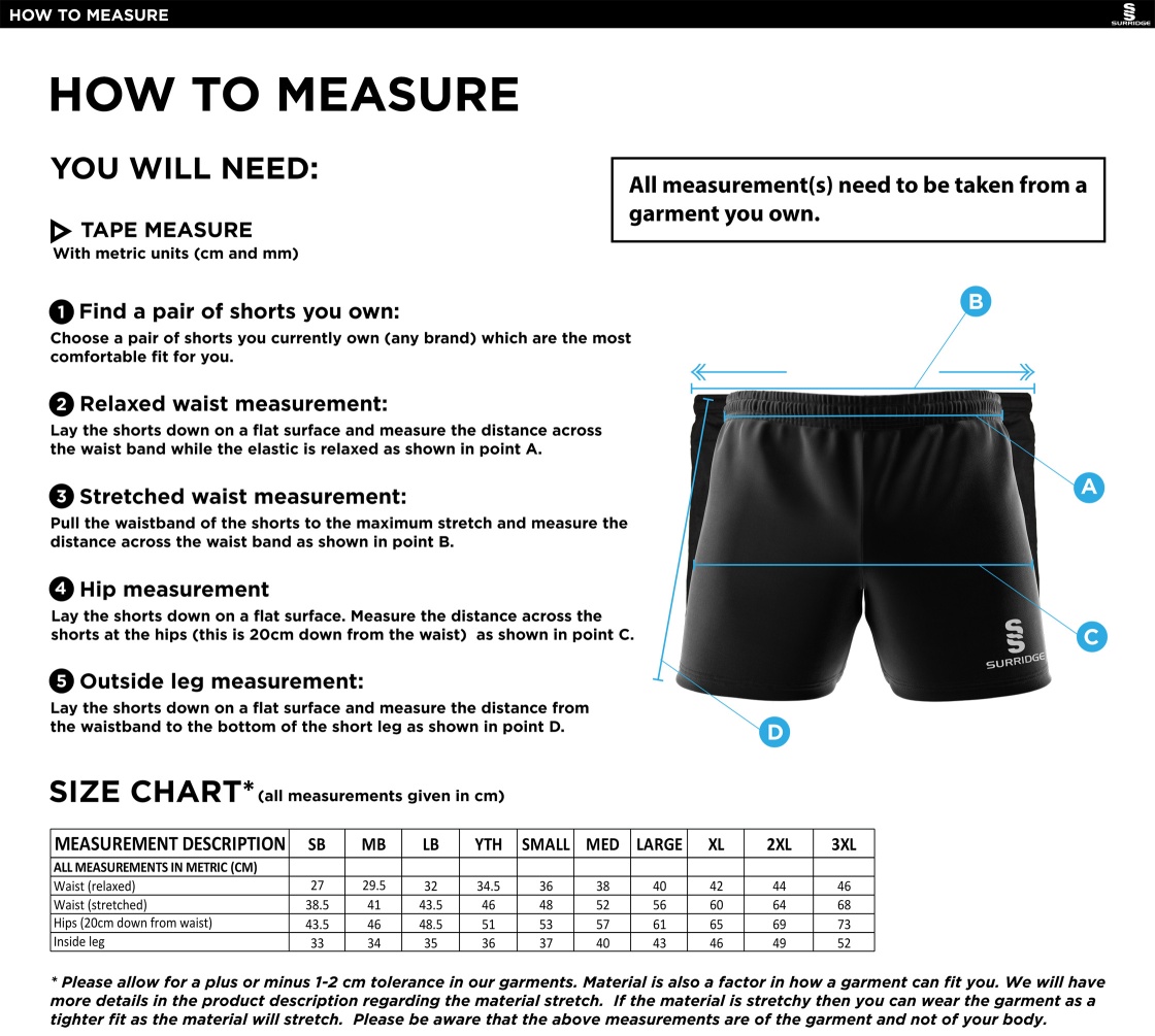 Rossendale Valley JFC - Performance Gym Short - Black - Size Guide