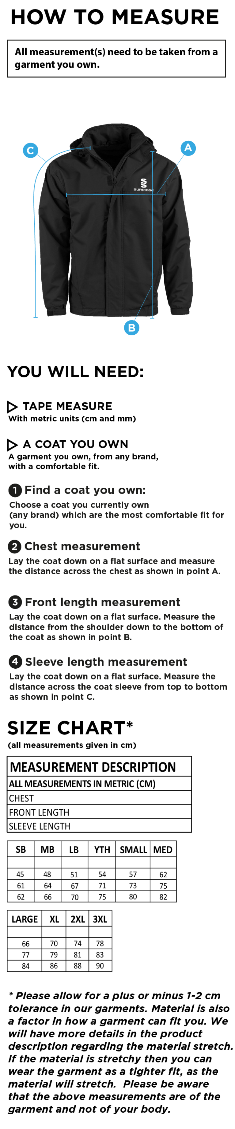 ROSSENDALE VALLEY JUNIORS FOOTBALL CLUB FLEECED LINE JACKET - Size Guide