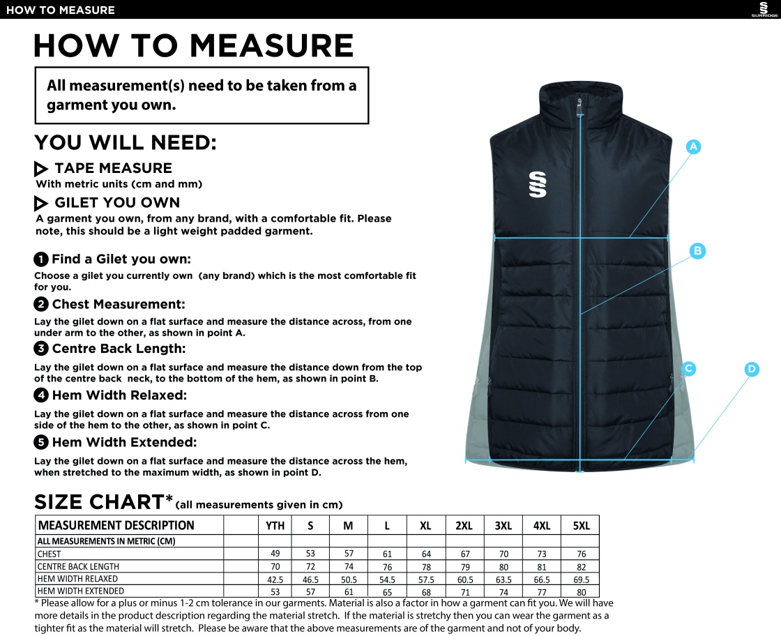 Rossendale Valley JFC - Active Gilet - Black - Size Guide