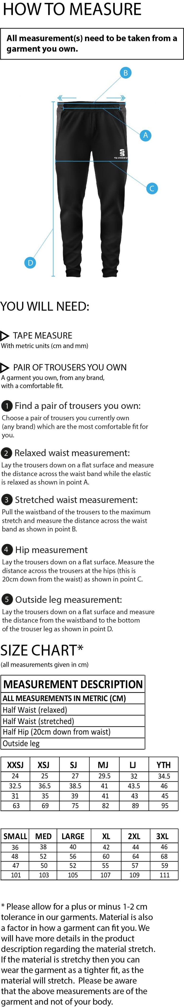 Rossendale Valley JFC - Dual Skinny Pants - Size Guide