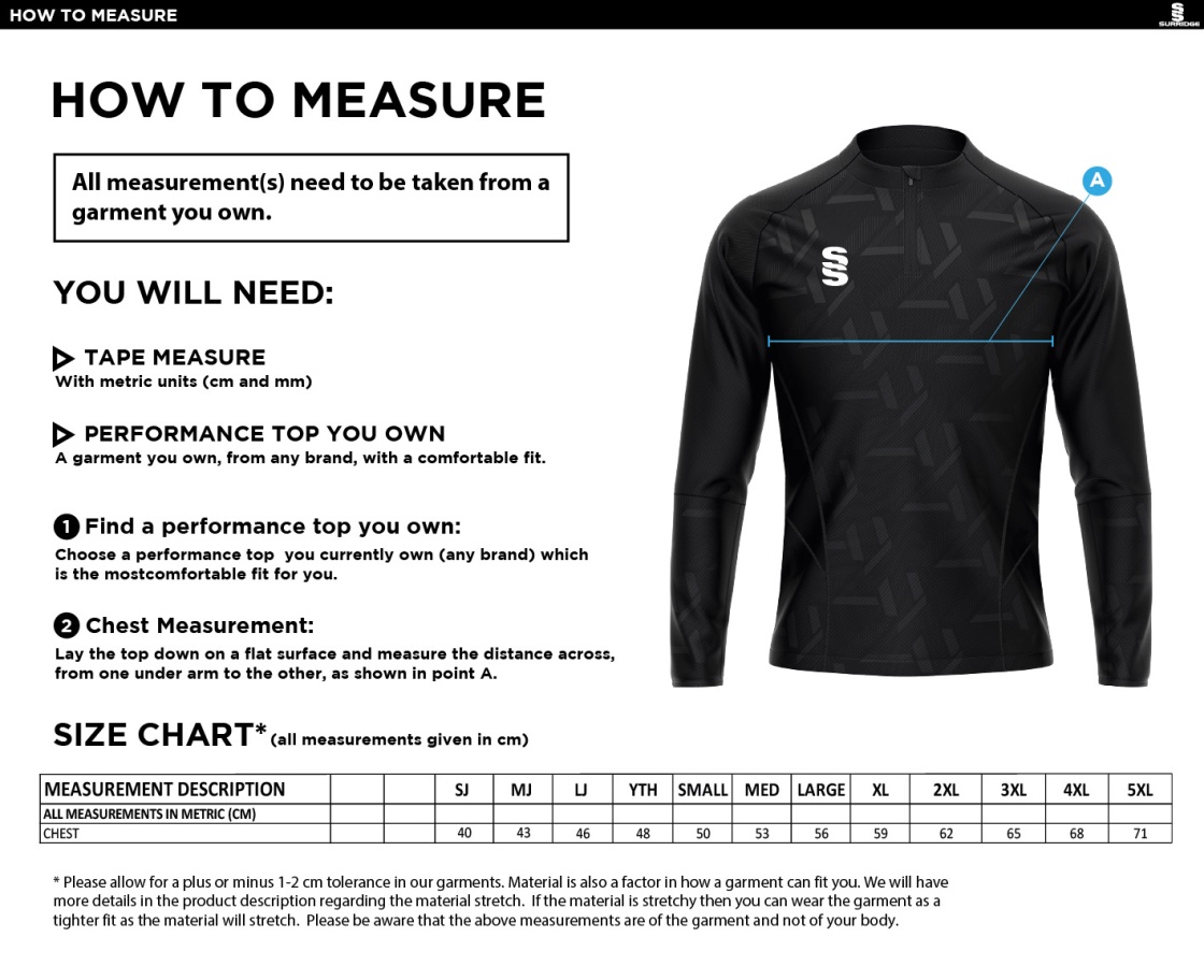 Rossendale Valley JFC - Impact 1/4 Zip Performance Top - Size Guide