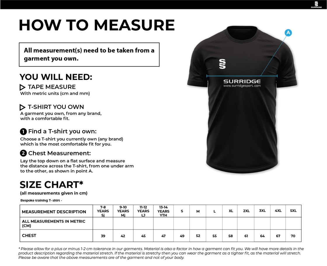 Rossendale Valley JFC - Impact T-Shirt - Black - Size Guide