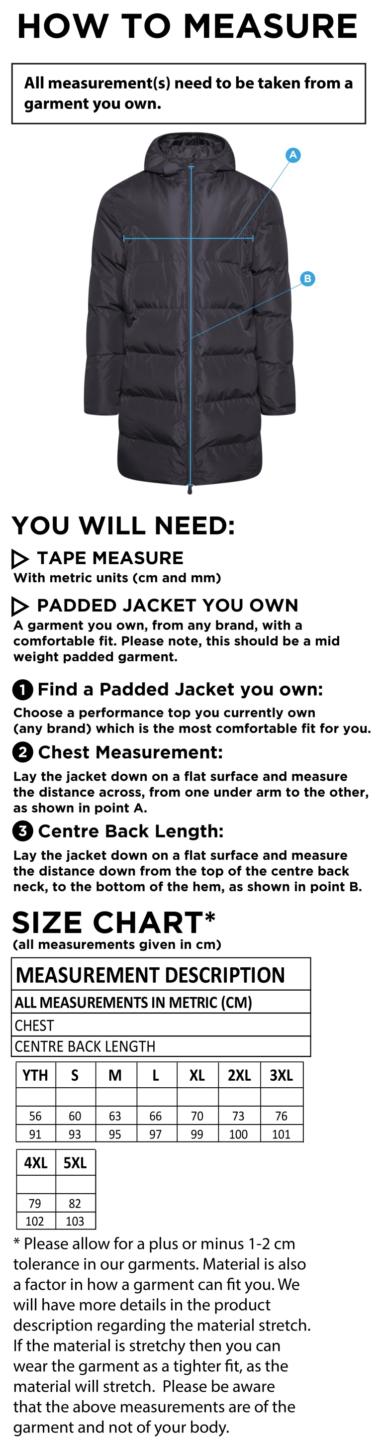 Rossendale Valley JFC - Active Long Padded Jacket - Black - Size Guide