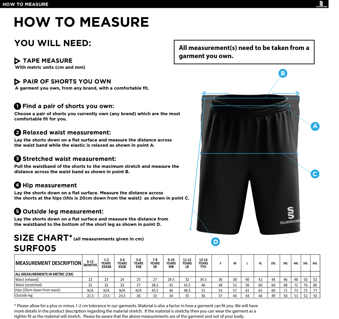 Rossdendale Valley Juniors - Plain Match Short Royal - Size Guide